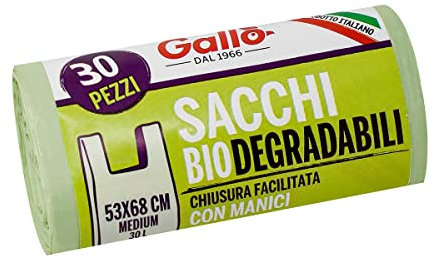 Gallo, 30 Sacchetti biodegradabili e Resistenti, Chiusura con Manici, 53x68cm, 30 Litri