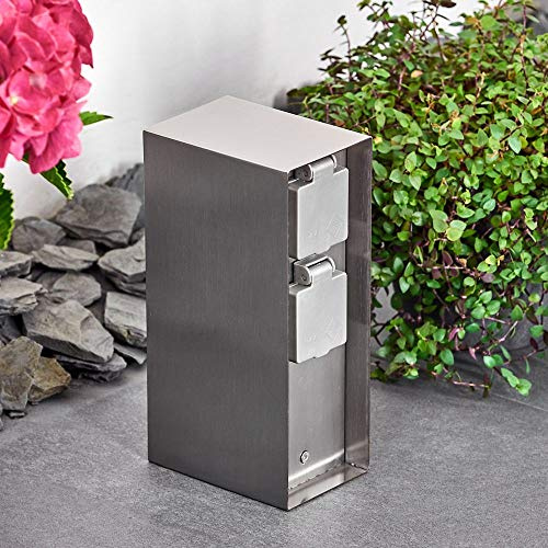 HOFSTEIN Außensteckdose Abilene, Gartensteckdose aus Metall in Edelstahl mit 4 Steckdosen und Klappdeckeln zur Festinstallation, Mehrfachsteckdose für Garten, Terrasse, Außenbereich, Beet, IP 44