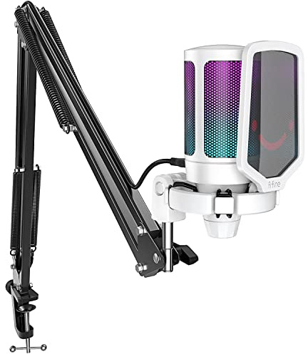 FIFINE Streaming Gaming USB Microphone Kit, PC Condenser RGB Mic Compatible with PS4/PS5, Plug and Play for Music Recording, Online Game, Discord, Twitch, with Pop Filter, Shock Mount-A6T White