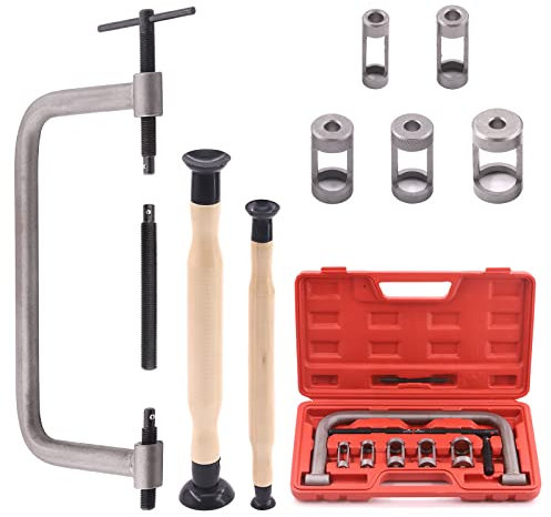 Swpeet 13Pcs Valve Spring Compressor Tools Assortment Kit, Including 5Pcs Pusher Adaptors,Extension Screws,Valve Lapper Set and Compression Bar for Motorcycle Car Small Engine Vehicle