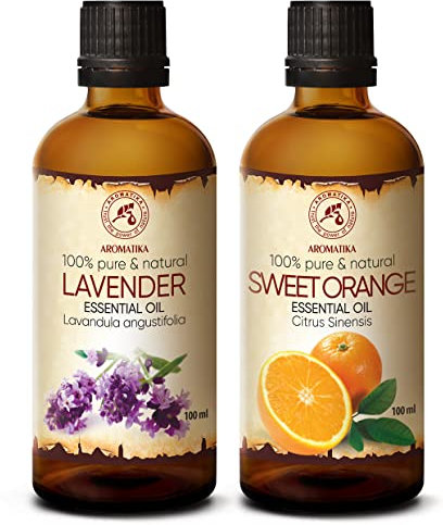 Aceite Esencial Lavanda - Lavandula Angustifolia - Aceite Esencial Naranja 2x100ml - Citrus Sinensis - Puro y Natural - Bueno para Calmar - Refrescar la Habitación - Fragancias para el Hogar