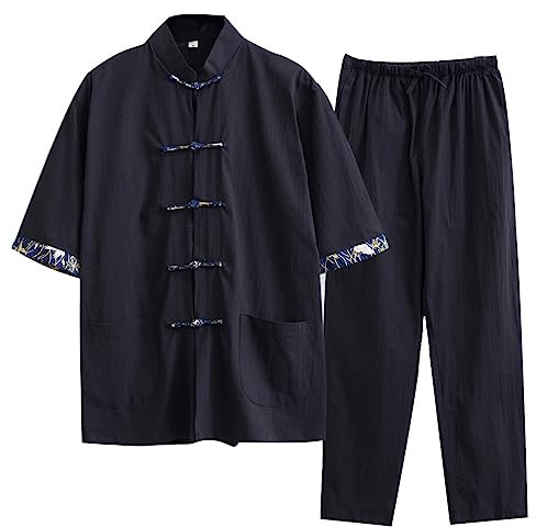 QPZK Baumwollwäsche Tai Chi Uniform Lose große Kung Fu Kurze Ärmel Hosen, Tang Anzug Chinesisch Traditionelle Kleidung Flügel Chun Kampfkunst Zen Meditation Hemd Hemd black-3XL