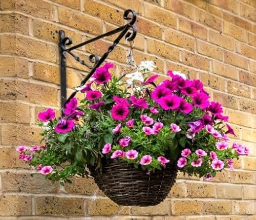 Garden Haven® 16 Garden Rattan Round Hanging Basket Indoor Outdoor Hanging Planter Plants Wicker Hanging Basket with hanging chain Natural Weave Rustic 40cm diameter x 18cm deep with plastic liner