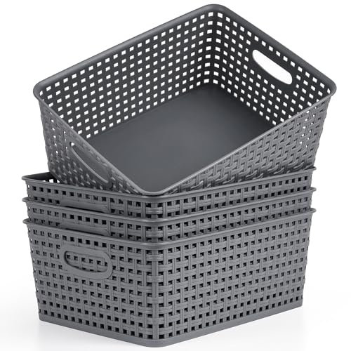 Winter Shore Panier Rangement Plastique Gris [Lot de 4] - Bacs Rangement Tissé pour Organiser Maison, Placard & Étagères de Cuisine, Buanderie, Chambre & Salle de Bain - 29 x 22,5 x 12 cm