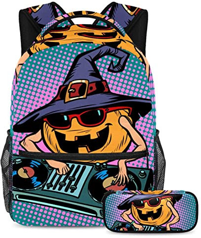 VAPOKF Set di zaini per la scuola per ragazze e ragazzi, zaino per studenti con astuccio per la scuola, cappello da strega, zucca, DJ musicista, Multi, Taglia unica, Set di zaini per la