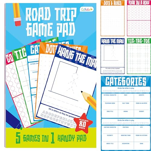 Road Trip Game Pad, 80 Perforated Sheets Travel Activity Pad, 5 Games in 1 Pad, Plane, Car Trip Activity, Pen Pencil & Paper Game for Kids, Adults (6” x 9”)