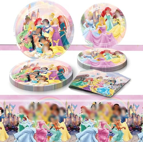 Zempertoopa Juego de vajilla de fiesta multicolor con tema Princesa, incluye 10 platos de 9, 10 platos de 7, 20 servilletas y un mantel, perfecto para cumpleaños infantiles de 10 invitados