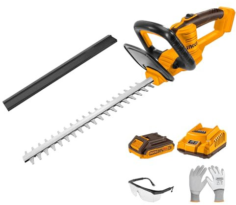 INGCO Taille-Haie sans Fil 20V Moteur sans Balais, Longueur de Lame 460mm, Diamètre de Coupe 18mm avec Batterie 2Ah et Chargeur pour Elagage CHTLI20461
