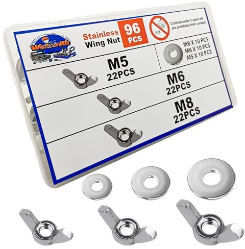 Wellzenith Flügelmutter, Edelstahl Flügelmuttern Kit mit Aufbewahrungskiste, Metric Thread flügelschraube mit Unterlegscheibensatz, Hand Schraub Flügelmuttern (96PCS)