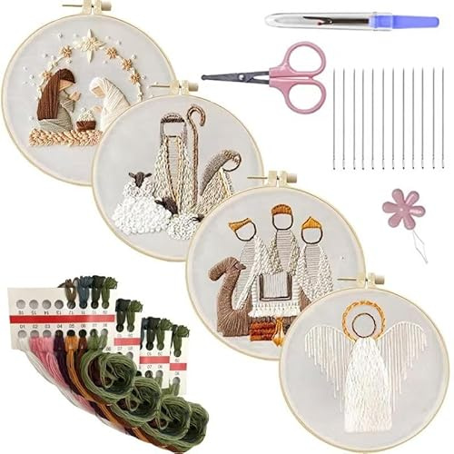 Asiasioc Kit de adornos de Navidad bordado a mano, kit de bordado de belén, juego de 4, kit de bordado de escena de belén de punto de cruz de Navidad, kit de bordado religioso vintage