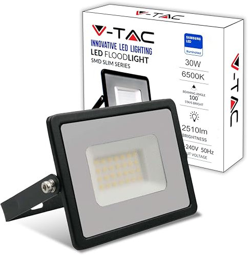 V-TAC Faro LED da Esterno 30W Nero - [Chip Samsung - Alte Perfomance, Bassi Consumi] - 2510 Lumen - IP65 - Proiettore Faretto LED Nero per Casa, Giardino, Garage - Impermeabile - Luce Fredda