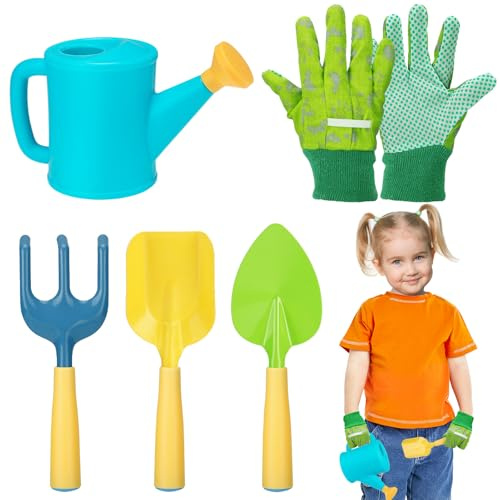 Biubee Kids Gardening Tools Set - Sturdy Kids Watering Can Toy Toddler Children's Gardening Kit Set with Metal Shovel Hand Rake Gloves for Girls Boys Birthday Gift Outdoor Beach Sand, Cyan
