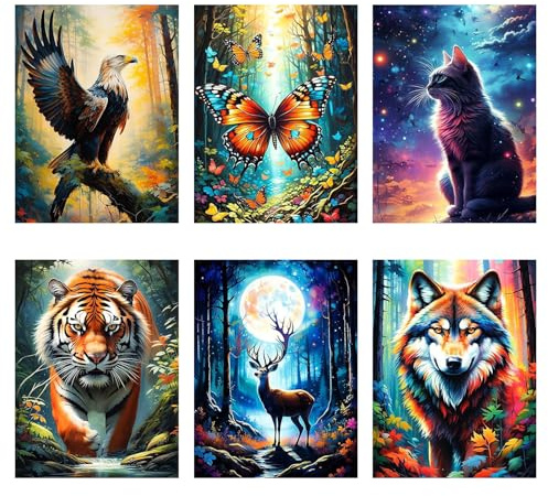 Mrnsiet 6 Pack Animals Diamond Painting Kits for Adults Beginners,Animal Full Drill Diamond Art Kits for Adults,DIY Painting with Round Drill Diamonds Gem Art for Wall Decor Gifts 12X16 Inch.