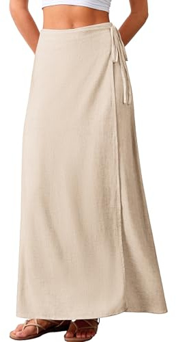 ELLEVEN Women's Linen Long Wrap Skirt Flowy Trendy Summer Elastic Waist Maxi Ankle Length Casual High Waisted A Line Vintage Sexy Boho Low Ries Midi Beach Vacations Skirts Beige Large
