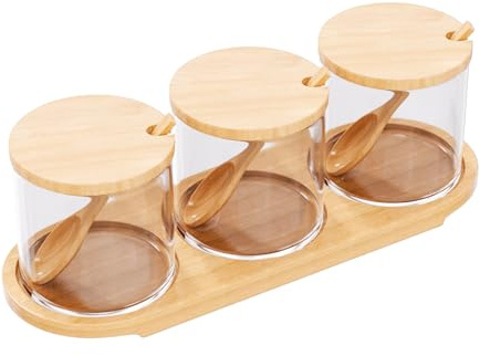 Stylish Glass Canister Set of 3 with Bamboo Lids Tray & Spoons 10 oz Clear Condiment Containers Jars for Coffee Bar, Kitchen Counter Organizer, Decorative Storage for Salt Sugar Coffee Beans Spices