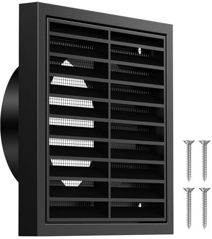 Hon&Guan 100mm Lüftungsgitter Rechteckig mit Integrierter Insektenschutz, ABS Abluftgitter Lüftungsabdeckung Flansch Gitter für Badezimmer, Garage, Küche, Dunstabzug Außen, Trockner, Dachboden Schwarz