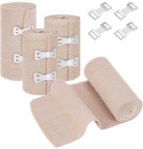Fefod 4 stycken premium elastiskt bandage, universella bindor med extra metallklämmor, elastiskt kompressionsbinde, sträckt fixeringsbindel för ankelstöd armben eller (7,5 cm x 4,5 m 10 cm x 4,5 m)