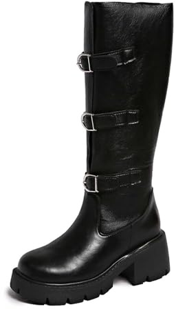 Stivali alti al ginocchio per stivali da equitazione con dettaglio fibbia tacco grosso, scarpe comode, Nero , 37 EU