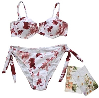 Catalpalev Ladies' Elegant Tie-Dye V-Neck Underwire Bikini Two-Piece Swimsuit Beach Vacation Swimwear (Brown,Small)