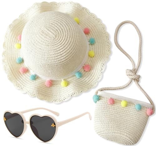 Spiritzohic Girls Straw Hat, Sun Hat Straw Bag and Sunglasses Summer Beach Straws Cap Crossbody Bag Sets Mini Handbag Summer Travel Accessories for Vacation,Beach,Outdoor Activities