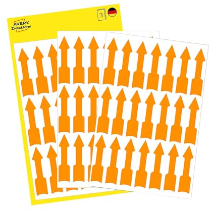 AVERY Zweckform 3008 selbstklebende Pfeiletiketten (Pfeil Aufkleber im Format 39x9 mm, permanent haftend, 63 Pfeil Sticker auf 3 Bogen, Hinweispfeile zum auffälligen Kennzeichnen) neon orange
