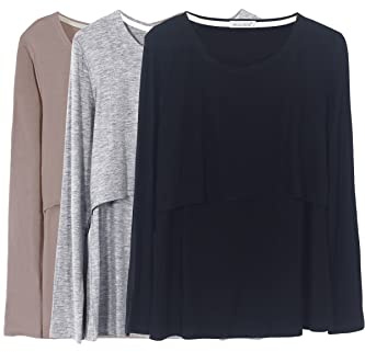 Smallshow Mujer Top Camiseta Premamá Lactancia De Manga Larga 3 Pack,Black/Grey/Brown,XL
