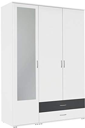 Rauch Möbel Noosa Schrank Drehtürenschrank, Weiß/Grau metallic, Schwarz, 3-türig mit Spiegel und 2 Schubladen, inkl. Zubehörpaket Basic 1 Kleiderstange, 3 Einlegeböden BxHxT 127x188x52 cm