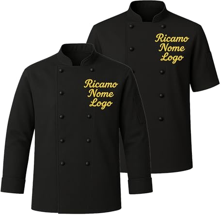 Ristohouse Giacca da Cuoco Unisex 100% Cotone 190gr – Manica Corta o Lunga – Con Bottone Estraibile o Clip – Personalizzabile con Ricamo – Vari Colori (Nero, L)