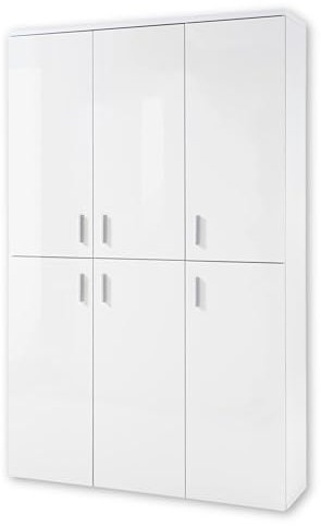 Stella Trading LINCOLN Schuhschrank hoch, Weiß Hochglanz - Vielseitiger Mehrzweckschrank mit 22 verstellbaren Einlegeböden - 120 x 190 x 35 cm (B/H/T)