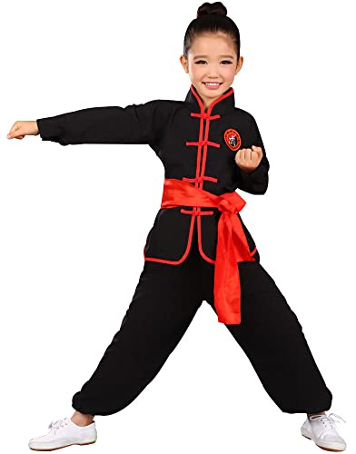 YEMYIQZ Kids Kung Fu Clothing Traditional Tai Chi Uniforms for Boys Girls Chinese Martial Art Wing Chun Long Sleeve Tang Suit (US, Alpha, Large, Regular, Black)