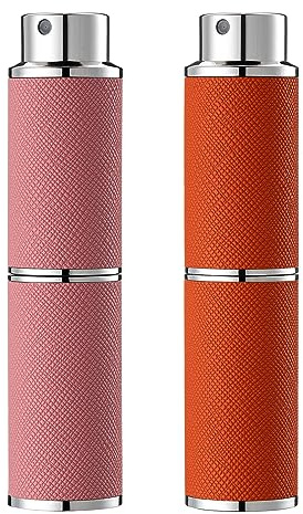 owlyee Travel Perfume Bottle Refillable - 8ML Leather Empty Mini Cologne Spray Atomizer Men - Small Fragrance Sample Sprayer - Portable Refill Travel Essentials Container with Pink Orange