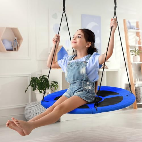 ECD Germany Columpio Redondo Infantil Ø100 cm Azul Balancín Nido para Niños y Adultos hasta 150 Kg Regulable en Altura para Interior o Exterior Mecedora de Jardín Asiento Colgante Apto para 2 Niños
