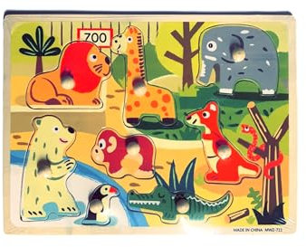 Greifpuzzle Steckpuzzle mit Waldtieren, Fischen, Bauernhof- oder Zootieren, Montessori, Holz (Zoo)