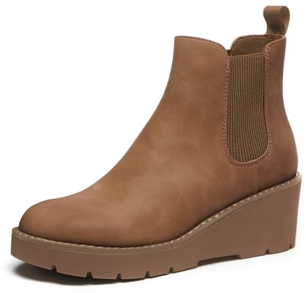 Athlefit Women's Chelsea Wedge Boots Elastic Platform Lug Sole Slip on Wedge Ankle Booties Brown Size 8