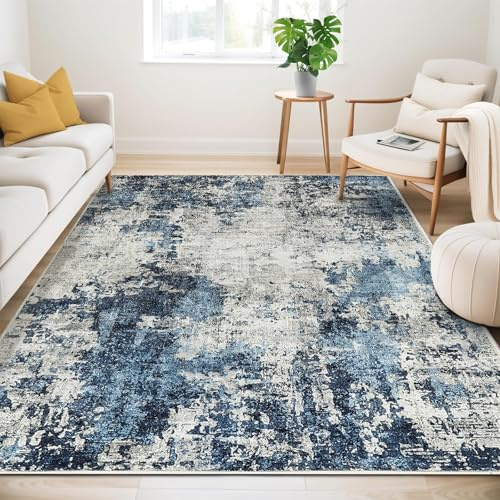 Guchuang Bedding Tappeto per soggiorno 160x230cm, Tappeto blu vintage melange design a pelo corto, lavabile antiscivolo per camera da letto