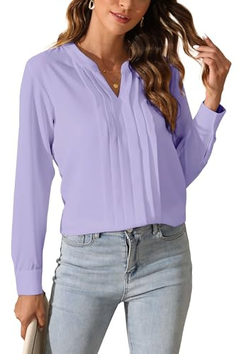 SPRING SEAON Elegante blusa da donna a maniche lunghe, con scollo a V, giacca per il tempo libero e l'ufficio, con pieghe sul davanti, camicia in chiffon, Lilla, L