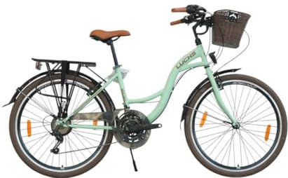 LUCHS 28 Zoll Feline Hollandrad MIT RATTANKORB – Hollandrad, Cityrad mit 21 Gängen & Rattankorb, Damenfahrrad/Cityrad/Holland 50cm Rahmenhöhe // Minzgrün