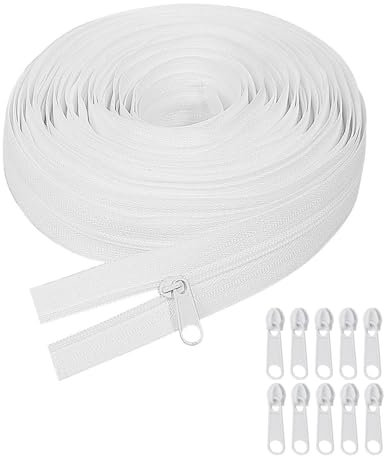 KOZOY Endless Zip with Zip, Metal Zip Endless, 10 m Long, 3 cm Wide, Nylon, White, Zip with 10 Zip Pulls, Sold by the Metre