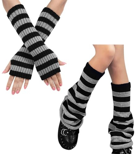 DUOJINSANXI Women’s Striped Leg Warmers & Arm Warmers Set – Knitted Y2K Goth Harajuku Style Accessories for Cosplay