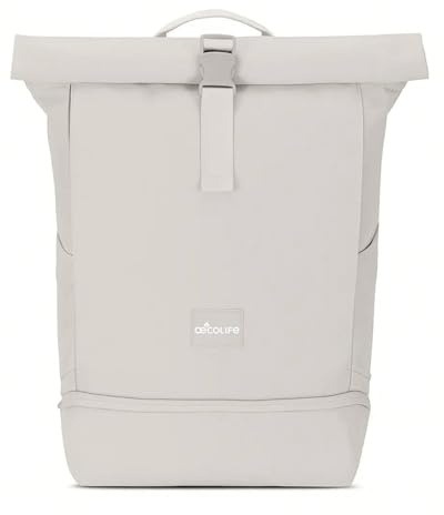 œcolife Rolltop Rucksack Damen & Herren, 22 Liter, Laptopfach für Uni Fahrrad Business Reisen, Schuhfach, aus Recycling-PET, wasserabweisend (Sand)