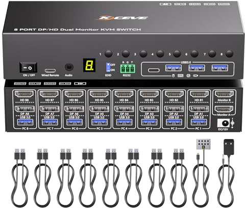 8 Porte HDMI Displayport KVM Switch 2 monitor 4K@60Hz Simulazione EDID, 8 PC Switch KVM Dual Monitor con 4 Porte USB 3.0, Audio, RS232, Dotato Cavo Remoto, Alimentazione 12V e 8*Cavo USB