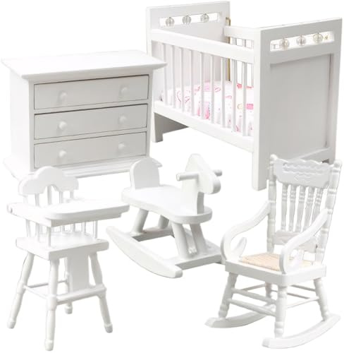 Set di mobili per casa delle bambole in scala 1:12, mobili in miniatura legno include culla, cavallo a dondolo, sedia, armadietto Camera da letto per bambini Accessori per casa delle bambole (Bian