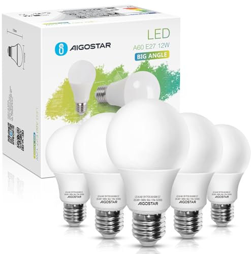 Aigostar LED Leuchtmittel E27 Kaltweiß 12W, Birnen Licht 6500K 1170 Lumen, Abstrahlwinkel 280 Grad Tropfen Energiesparlampe 5er Verpack