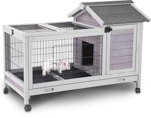 Aivituvin Wooden Rabbit Hutch with Removable Wire Floor Grid, Bunny Cage with Deeper Leakproof Tray 4 Wheels Include
