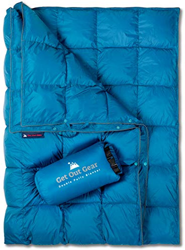 Get Out Gear Double Puffy Camping Blanket - Extra Puffy, Packable, Lightweight and Warm | Ideal for Outdoors, Travel, Stadium, Festivals, Beach, Hammock | Water-Resistant Camp Quilt (Teal Blue/Gray)