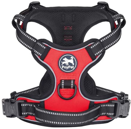 PoyPet No Pull Dog Harness, Reflective Vest Harness with 2 Leash Attachments and Easy Control Handle for Small Medium Large Dog(Red,S)