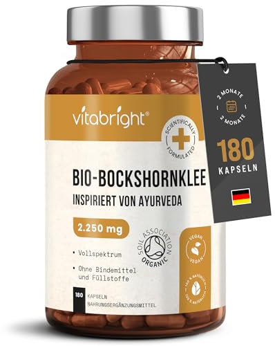 BIO Bockshornklee Kapseln Hochdosiert 2250 mg | 180 Vegane Kapseln aus reinen Bockshornkleesamen | Nahrungsergänzungsmittel in Bio-Qualität | VitaBright Fenugreek Seed