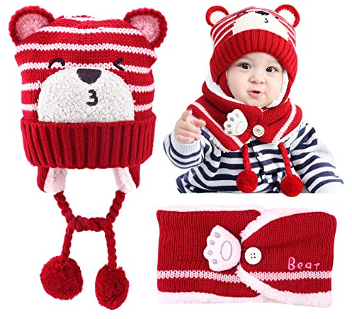 Baby Caps Winter 46-50cm Baby Hats Newborn with Scarf Warm & Soft Beanie Hats Toddler Hats Boys Baby Girl Winter Caps Toddler Winter Hat Knitted Hats, for Autumn Winter Unisex 6-24 Months (Red)
