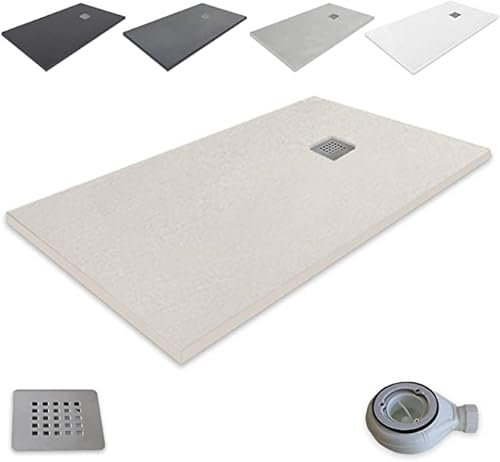 Plato de Ducha de Resina Extraplano outletaseo – Todas las Medidas Disponibles – Textura Pizarra Antideslizante – Incluye Válvula de Desagüe + Rejilla (100x80, Beige)