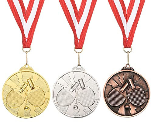 PATIKIL 2.6 Ping Pong Medaglie, 3pz Ping Pong Premio Medaglie Set Oro Argento Bronzo Medaglia con Nastro Rosso Bianco per Giochi Sport Competizioni